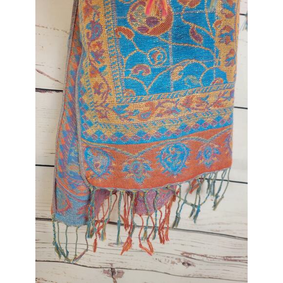 Reversible Fringe Shawl Scarf Pink Blue Paisley Metallic Thread Women's 28"x68" - Picture 9 of 10
